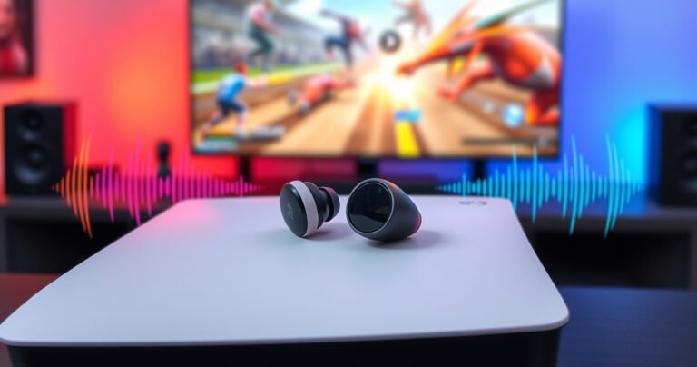 A sleek pair of Bluetooth earbuds resting on a modern PlayStation 5 console, surrounded by colorful sound waves and digital icons representing connectivity, with a vibrant gaming setup in the background featuring a large screen displaying an action-packed game, creating an energetic and engaging atmosphere.