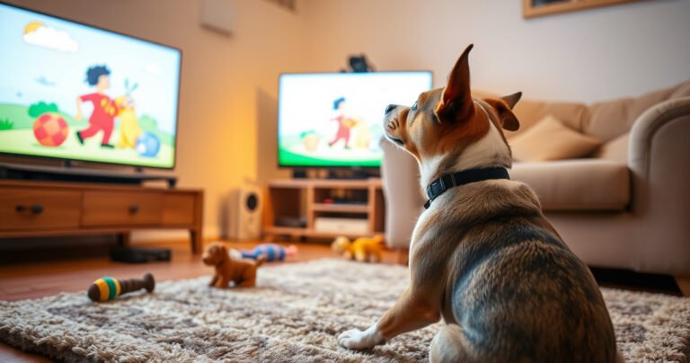 A curious dog sits on a cozy rug, its head tilted in wonder as it watches a colorful cartoon on a bright television screen. The room is warm and inviting, with soft lighting, a plush sofa in the background, and scattered toys, capturing the playful bond between pets and screens.