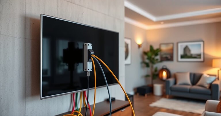 A close-up of a sturdy drywall anchor securely holding a sleek, modern flat-screen TV on a textured wall, surrounded by colorful cables neatly organized. In the background, a cozy living room with stylish furniture and a soft glow from warm lighting, illustrating a safe and appealing home entertainment setup.