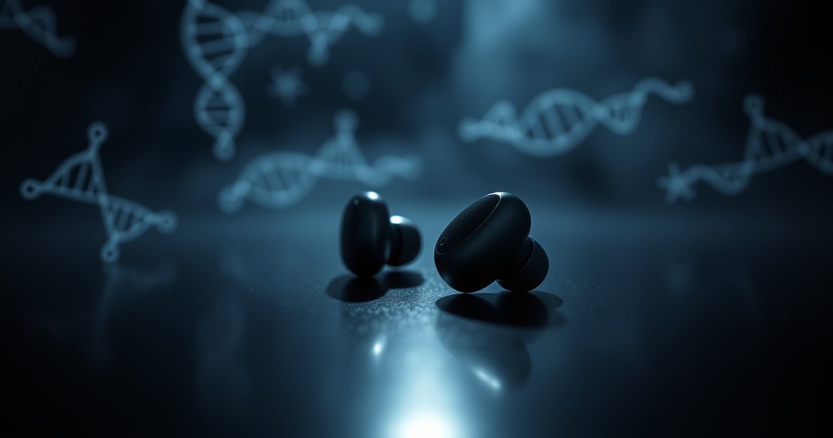 A close-up of sleek, wireless earbuds resting on a dark, reflective surface, surrounded by faint, glowing outlines of DNA strands and medical symbols, shrouded in an air of mystery. The background fades into a soft, ominous shadow, hinting at unseen dangers, while a light source subtly illuminates the earbuds, drawing attention to their modern design.