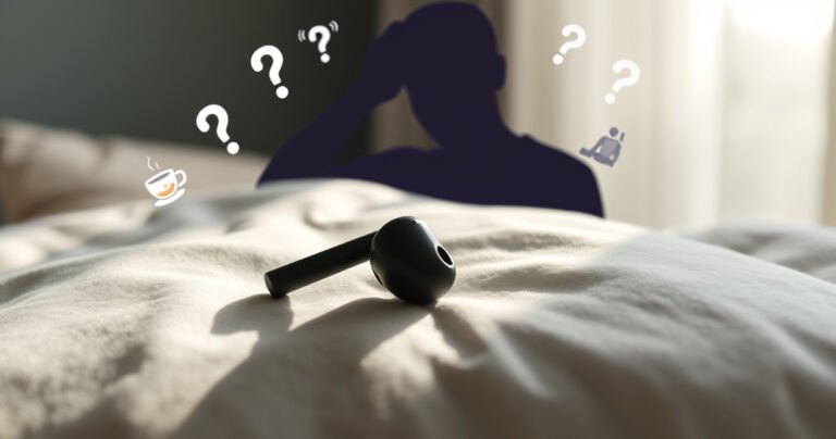 A close-up of a pair of sleek wireless earbuds resting on a soft, crumpled pillow, with a gentle light casting shadows. In the background, a silhouette of a person holding their head in discomfort, surrounded by floating question marks and small illustrations of headache remedies like tea and stretching exercises, creating an atmosphere of curiosity and concern.