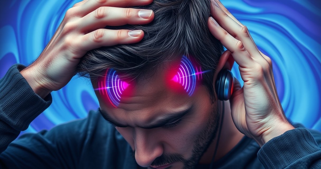 A close-up of a person holding their head in discomfort with vibrant sound waves visually emanating from a pair of sleek earbuds nestled in their ears. The background features swirling, abstract shapes symbolizing dizziness and vertigo, infused with shades of blue and purple to evoke a sense of confusion and disorientation.
