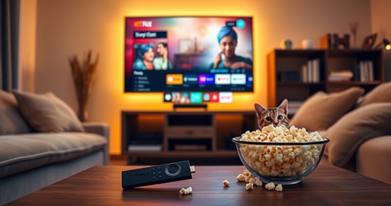 A cozy living room with a large flat-screen TV displaying a vibrant streaming interface, surrounded by a plush sofa and warm ambient lighting. A Firestick remote rests on the coffee table, alongside a bowl of popcorn, while a curious cat peeks from behind the couch, adding a touch of whimsy to the tech-savvy scene.