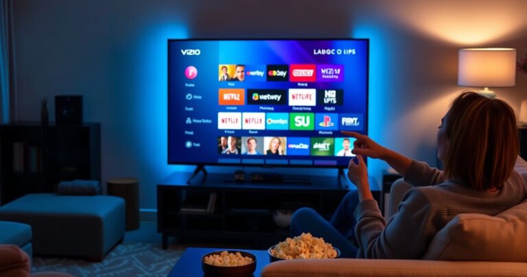 A sleek Vizio TV glowing in a cozy living room, surrounded by modern furniture and soft, ambient lighting. The screen displays an array of colorful app icons, showcasing popular streaming services. A person sits on a plush couch, excitedly pointing at the screen, while a bowl of popcorn rests on the coffee table.