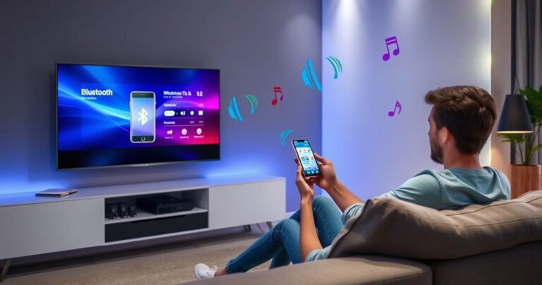 A modern living room featuring a sleek flat-screen TV displaying a smartphone interface. A young adult sits on a comfortable sofa, excitedly connecting their phone to the TV via Bluetooth. Colorful graphics of sound waves and connection symbols float around, symbolizing wireless technology. Soft ambient lighting enhances the contemporary vibe, inviting viewers into the tech-savvy scene.