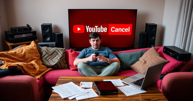 A frustrated person sitting on a cozy couch, surrounded by colorful streaming equipment, holding a remote control. The TV screen displays the YouTube TV logo with a big red "Cancel" button. Papers and a laptop are scattered on the coffee table, symbolizing the chaos of trying to navigate the cancellation process.