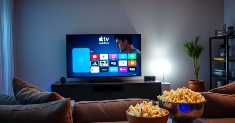 A modern living room with a sleek smart TV displaying an Apple TV interface, surrounded by colorful tech gadgets. A cozy couch faces the screen, while a Chromecast device gleams on a nearby shelf. Soft ambient lighting enhances the space, and a bowl of popcorn sits invitingly on the coffee table, suggesting a fun movie night.