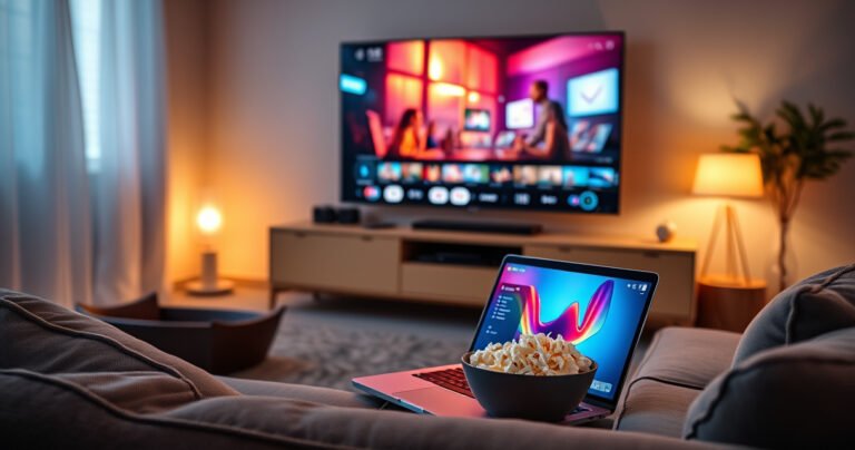 A cozy living room scene featuring a sleek laptop displaying a vibrant streaming interface, connected wirelessly to a large flat-screen TV showing a colorful movie scene. Soft ambient lighting highlights a comfortable couch and a bowl of popcorn, creating an inviting atmosphere that encourages tech-savvy relaxation and entertainment.