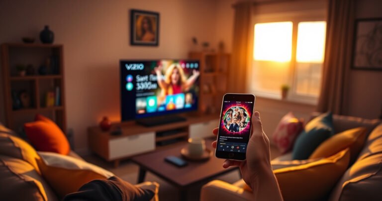 A cozy living room featuring a sleek Vizio TV displaying a vibrant casting interface, a smartphone in hand with glowing screen, surrounded by a comfortable couch and warm lighting, colorful throw pillows, and a window revealing a sunset, evoking an inviting atmosphere perfect for tech-savvy viewers ready to connect their devices seamlessly.