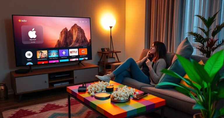 A cozy living room with a large TV displaying the Apple TV interface, a sleek Chromecast device beside it. Warm lighting casts a welcoming glow, while a couple lounges on a comfortable couch, popcorn in hand, discussing streaming options. A colorful coffee table strewn with tech gadgets and a vibrant plant in the corner adds a modern touch.