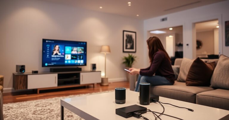 A sleek living room adorned with modern furniture, featuring a flat-screen TV displaying the Alexa app interface. Soft ambient lighting casts a warm glow, while a user interacts with an Alexa device on a stylish coffee table. Cables and tech gadgets are neatly arranged, creating an inviting atmosphere that highlights seamless tech integration in home entertainment.