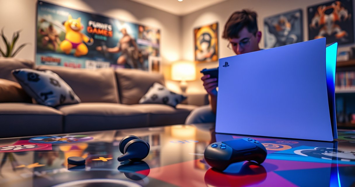 A sleek PS5 console sits in a modern living room, glowing with neon blue lights. Nearby, stylish wireless earbuds rest on a vibrant gaming-themed coffee table. A gamer, intently focused, holds a DualSense controller, surrounded by colorful game posters and an inviting atmosphere, embodying the fusion of technology and immersive gameplay.