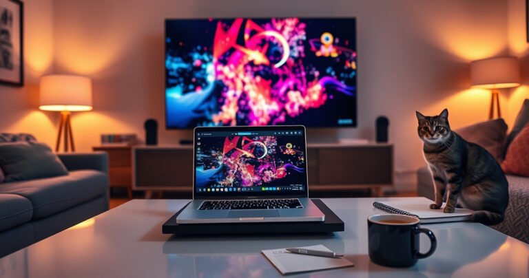 A cozy living room with a sleek laptop on a modern coffee table, casting vibrant visuals onto a large, glowing TV screen. Warm ambient light illuminates the space, with a comfortable sofa and soft throw pillows. A curious cat watches intently, while notes and a mug of coffee hint at a tech-savvy lifestyle.