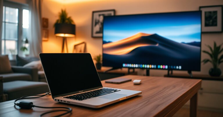 A sleek MacBook glowing softly on a modern wooden desk, with a vibrant TV displaying a mirrored desktop, cables elegantly arranged, warm ambient lighting illuminating the scene, a cozy living room backdrop with plants and art, conveying an effortless tech connection and inviting atmosphere, inviting viewers to explore seamless device integration.