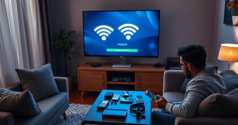 A cozy living room with a modern flat-screen TV displaying a vibrant hotspot connection screen, a smartphone nearby with signal bars glowing. Soft lighting creates an inviting atmosphere, with a plush sofa and a coffee table cluttered with tech gadgets. A person sits on the sofa, engaged in troubleshooting with a focused expression.