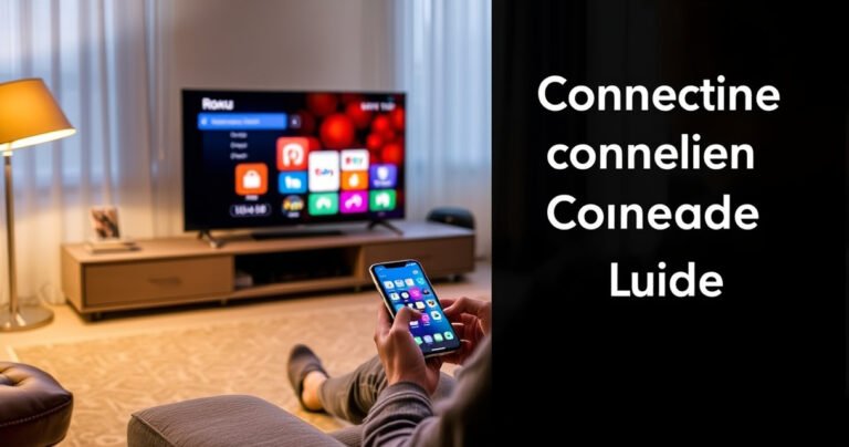 A cozy living room scene showcasing a sleek Roku TV displaying the iPhone screen, vibrant app icons glowing. A person comfortably seated on a plush sofa, holding their iPhone, with a warm ambiance from a nearby lamp. Soft shadows and a touch of tech decor create a welcoming atmosphere, inviting viewers to explore the connection guide.
