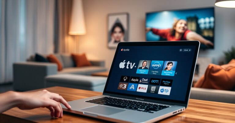 A sleek MacBook displaying the Apple TV interface, nestled on a modern wooden desk, with a cozy living room background featuring a stylish couch and a glowing TV screen. Soft ambient lighting creates a warm atmosphere, while a hand reaches out to the MacBook, highlighting the seamless connection between devices.