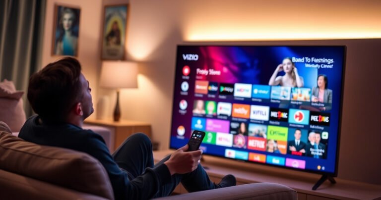 A sleek Vizio TV glowing in a cozy living room, displaying a colorful app interface filled with popular icons. A person sits comfortably on a modern couch, remote in hand, with a curious expression. Soft ambient lighting enhances the tech-savvy atmosphere, inviting viewers into the world of digital entertainment.