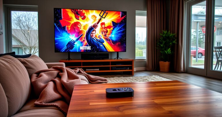 A cozy living room scene with a plush sofa, a soft blanket draped over it, and a sleek Apple TV remote on a wooden coffee table. A large screen shows a vibrant, colorful movie poster, while a window reveals a rainy day outside, creating a warm, inviting atmosphere perfect for binge-watching indoors.