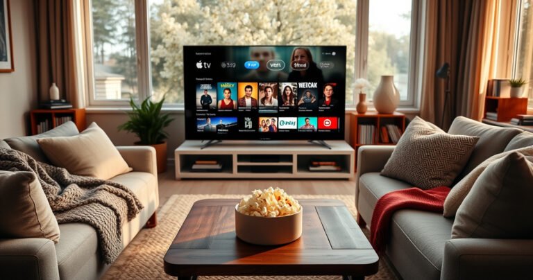 A cozy living room with a modern Apple TV displaying a vibrant screen filled with colorful show thumbnails. A plush sofa is adorned with soft blankets, and a bowl of popcorn rests on a wooden coffee table. Warm light filters in through large windows, creating an inviting atmosphere perfect for binge-watching.