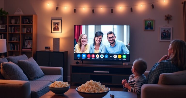 A cozy living room scene with a large smart TV displaying a vibrant FaceTime call, colorful family photos on the walls, a plush sofa with throw pillows, soft ambient lighting, and a bowl of popcorn on a coffee table, evoking warmth and connection as family members engage joyfully through the screen.