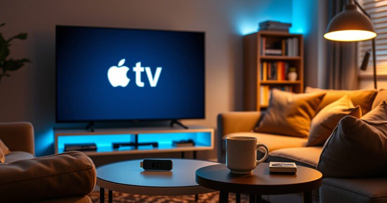A cozy living room scene featuring a modern TV displaying the Apple TV logo, surrounded by a Firestick remote and a steaming cup of coffee on a side table, soft ambient lighting highlighting plush couches and a bookshelf, with a warm, inviting atmosphere that encourages relaxation and binge-watching.