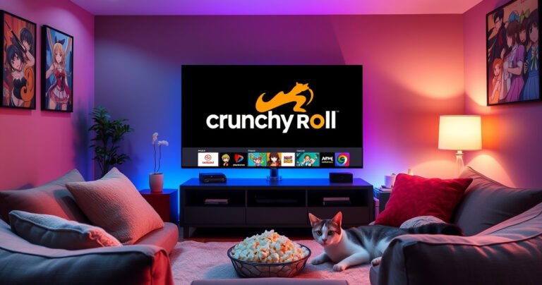 A cozy living room featuring a sleek Samsung Smart TV displaying the vibrant Crunchyroll logo, surrounded by plush cushions and a bowl of popcorn. Soft ambient lighting enhances the warm atmosphere, while anime posters adorn the walls, creating a perfect setting for binge-watching favorite shows. A whimsical cat lounges nearby, adding a touch of charm.