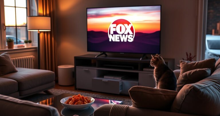 A cozy living room with a sleek Apple TV displaying the Fox News logo on screen, surrounded by a stylish modern sofa, a coffee table with snacks, and a warm glow from a nearby lamp. A curious cat sits on the couch, gazing at the TV, while a window shows a sunset outside.