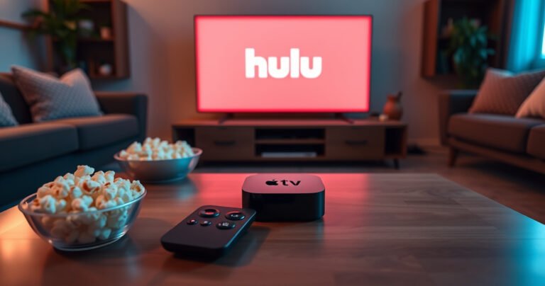 A cozy living room featuring a modern Apple TV setup, with a sleek remote on a coffee table, a glowing screen displaying the Hulu logo, soft ambient lighting, plush cushions, and a bowl of popcorn. The atmosphere conveys a relaxed vibe, inviting viewers to enjoy streaming their favorite shows.