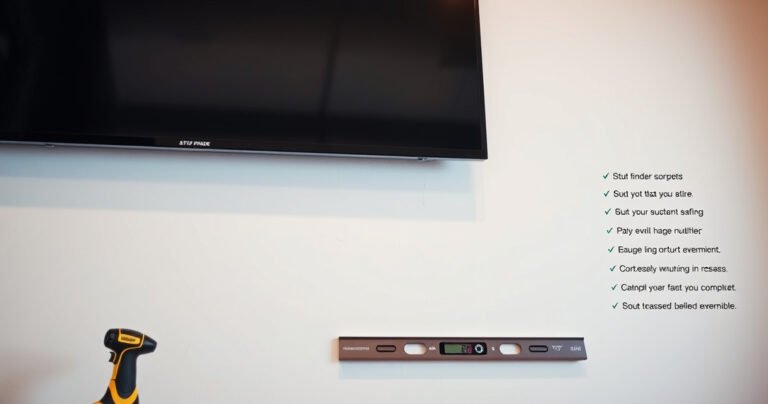 A close-up view of a sturdy wall with a sleek, modern TV mounted on smooth, white drywall, surrounded by tools like a stud finder and level. Soft ambient lighting highlights the wall’s texture, and a checklist of safety tips is subtly integrated into the background, creating a blend of style and practicality.