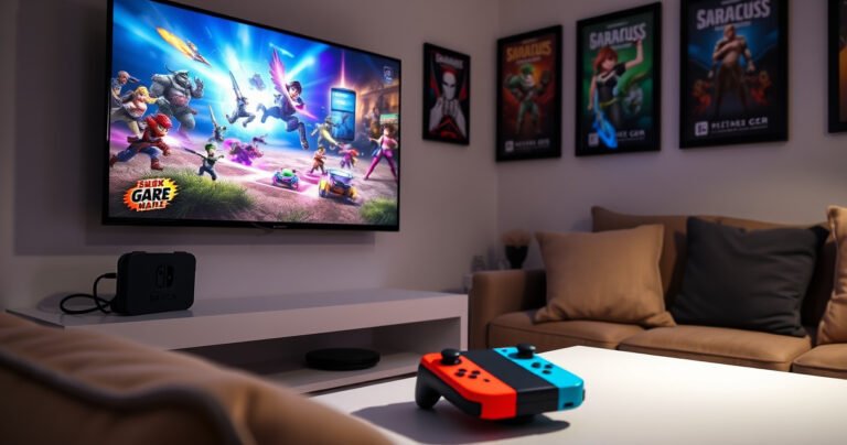 A cozy living room scene featuring a Nintendo Switch docked next to a sleek flat-screen TV, vibrant game graphics displayed on the screen. Soft lighting illuminates a comfortable couch with plush cushions, a colorful game controller resting on the coffee table. Framed gaming posters adorn the walls, creating an inviting atmosphere for gaming enthusiasts.