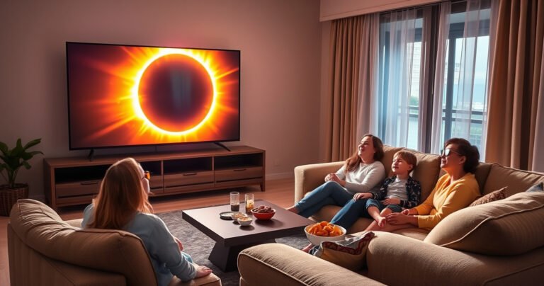 A cozy living room with a large TV displaying a vibrant solar eclipse, family members gathered on a plush sofa, eyes wide with amazement, soft light streaming through curtains, snacks on the coffee table, and a sense of excitement in the air, highlighting the warmth of shared experiences during a celestial event.
