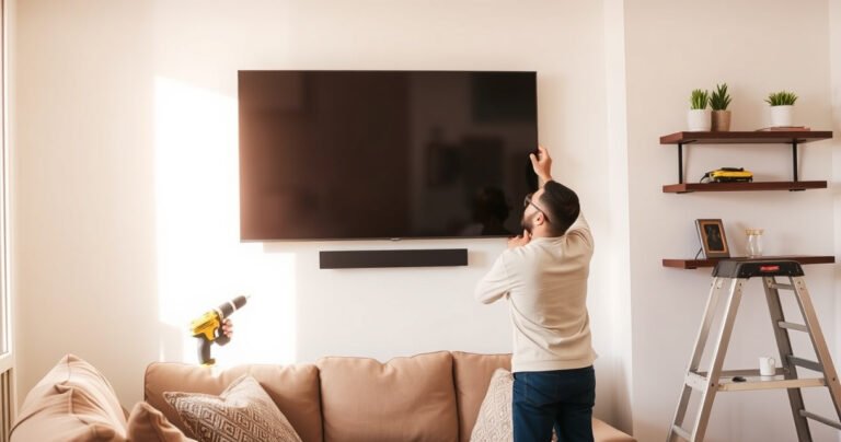 A cozy living room scene with a person cheerfully mounting a sleek flat-screen TV on a wall, surrounded by tools like a drill and level. Bright sunlight streams through a window, illuminating a comfortable sofa and decorative shelves. Safety gear like goggles and a step ladder are nearby, emphasizing a DIY spirit and home improvement enthusiasm.