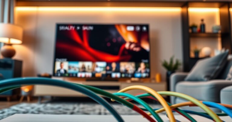 A close-up of a modern living room, featuring a sleek flat-screen TV with colorful cable connections in the foreground. The TV displays vibrant streaming content, while a cozy sofa and stylish decor set the scene. Warm ambient lighting casts a welcoming glow, inviting viewers to explore simple tech solutions for home entertainment.