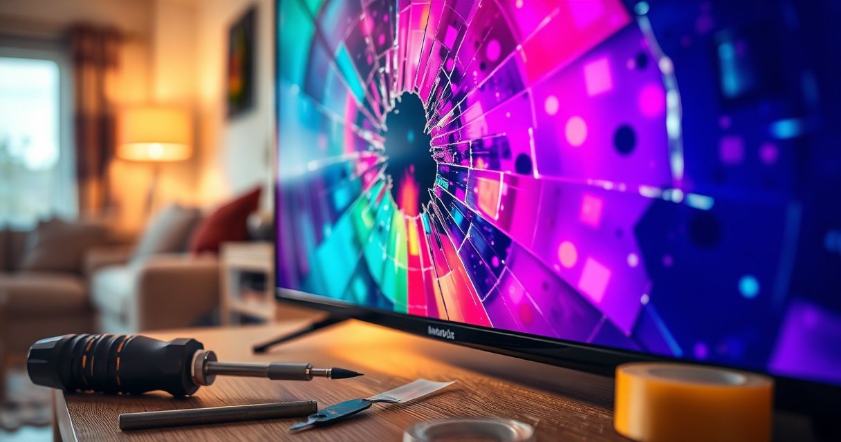 A close-up of a cracked television screen with vibrant colors bleeding from the fractures, surrounded by tools like a screwdriver and adhesive tape. Soft, warm light illuminates the scene, highlighting the textures of the glass and tools, while a blurred background features a cozy living room atmosphere, evoking a sense of repair and hope.
