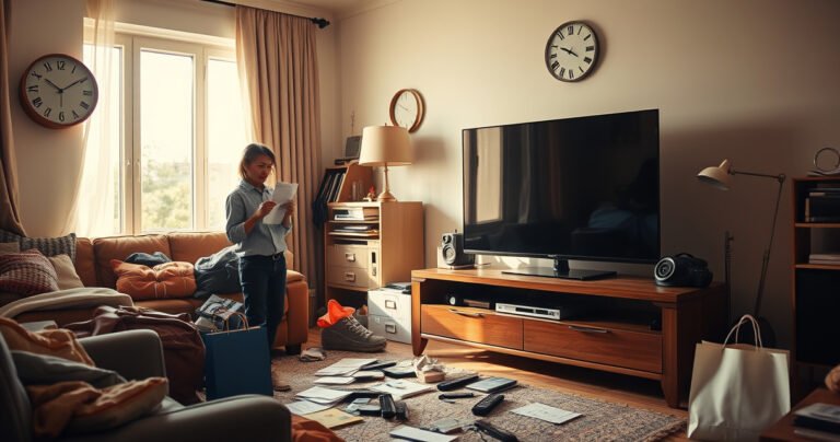A cluttered living room with a large flat-screen TV sitting on a stylish stand, surrounded by scattered items like remote controls, a user manual, and an empty shopping bag. A person, looking puzzled, holds a receipt while glancing at a wall clock. Soft afternoon light filters through a window, creating a cozy yet chaotic atmosphere.