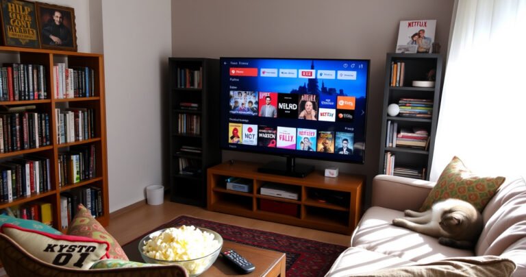 A cozy living room with a large smart TV displaying various streaming options, surrounded by colorful cushions and a bowl of popcorn. Sunlight filters through sheer curtains, illuminating a nearby bookshelf filled with DVDs and books about entertainment. A cat lounges on the couch, and a remote control lies casually on the coffee table.