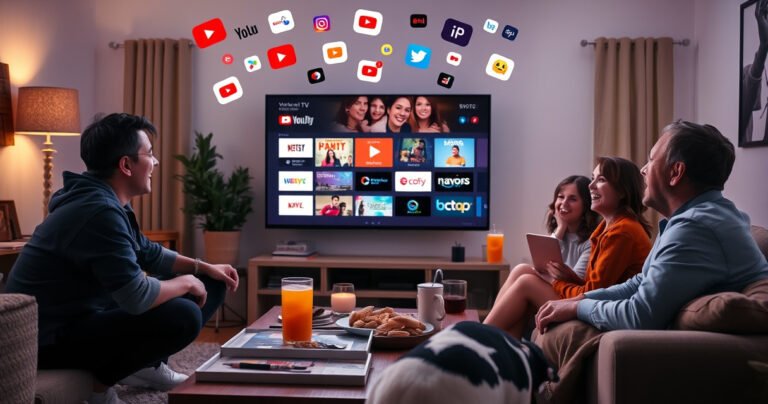 A cozy living room scene with a family gathered around a large television, excited expressions as they browse YouTube TV on the screen. Colorful channel icons float above the TV, surrounded by snacks and drinks on a coffee table, soft lighting illuminating the room, and a pet curled up nearby, creating a warm, inviting atmosphere.