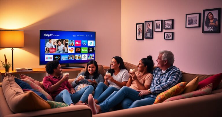 A cozy living room scene with a large flat-screen TV displaying Sling TV’s vibrant interface, a diverse family of four sitting on a comfortable couch, popcorn in hand, laughing and enjoying a show together, colorful cushions scattered around, warm lighting creating an inviting atmosphere, a wall adorned with framed family photos, symbolizing shared experiences and connections.