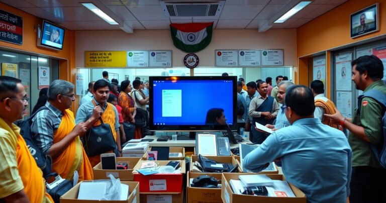 A bustling Indian customs office, vibrant with color, showcasing diverse travelers and their belongings. A large flat-screen TV, prominently displayed, surrounded by customs agents in traditional attire, examining paperwork. Boxes filled with electronics and personal items, with signs in Hindi and English, representing the blend of cultures and the complexities of international shipping.