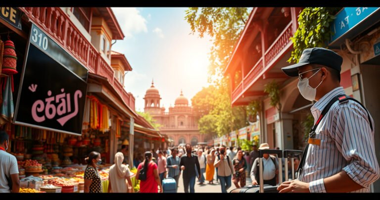 A vibrant Indian market scene with colorful stalls, locals browsing, and a large flat-screen TV prominently displayed under a bright sun. The background features traditional architecture, lush greenery, and a bustling crowd, juxtaposed with a customs officer inspecting luggage, conveying the essence of travel, culture, and navigating regulations in India.