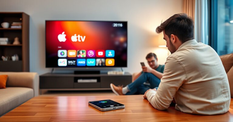 A sleek modern living room with a large smart TV displaying the Apple TV interface, surrounded by cozy furniture. An Android smartphone rests on a coffee table, casting a soft glow, while a curious person sits nearby, intrigued by the seamless connection between the devices. Bright, inviting colors create a warm, tech-friendly atmosphere.
