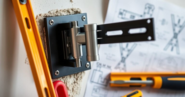 A close-up of a sturdy drywall anchor embedded in a wall, with a sleek flat-screen TV mount partially attached. Surrounding the anchor, vibrant colors of tools like a screwdriver and a level, with blueprints of TV mount installation in the background. The atmosphere conveys a sense of DIY confidence and home improvement creativity.