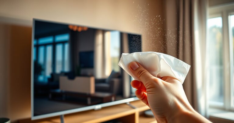 A close-up of a sleek flat-screen TV surrounded by vibrant reflections of a cozy living room. A hand holds a lens wipe, glistening with moisture, poised to gently clean the screen. Soft natural light filters through a nearby window, highlighting dust particles swirling in the air, creating an inviting yet informative atmosphere.