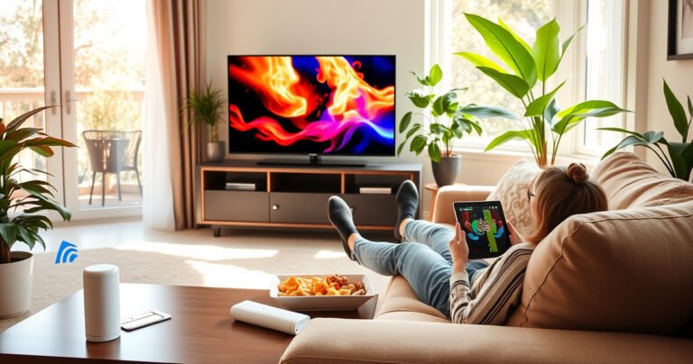 A cozy living room scene with a person lounging on a plush sofa, tablet in hand, streaming a vibrant TV show. Sunlight streams through large windows, illuminating snacks on a coffee table. A portable hotspot device rests nearby, symbolizing modern connectivity. Lush houseplants add a touch of green, creating an inviting atmosphere for entertainment.