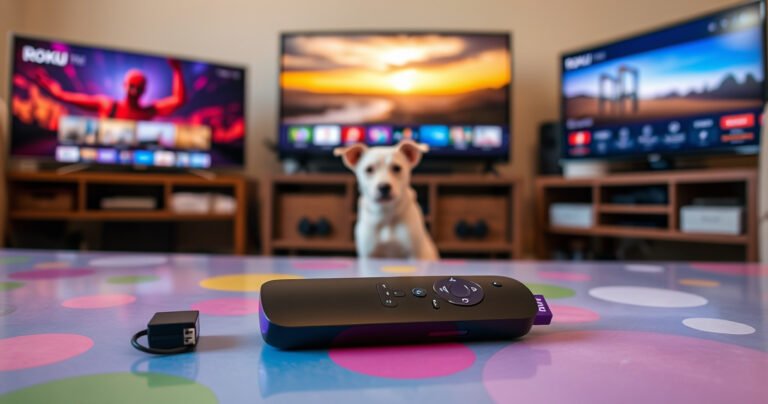 A sleek, modern Roku remote sits on a colorful coffee table, surrounded by various TV models, each displaying vibrant, dynamic scenes. A cozy living room in the background, with soft lighting and plush furniture, creates an inviting atmosphere, while a curious pet peeks from behind, adding a whimsical touch to the tech-savvy setting.