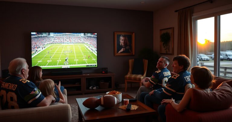 A cozy living room with a large flat-screen TV displaying an NFL game, a family eagerly watching, surrounded by snacks and team jerseys. Warm lighting highlights the excitement, with a football and remote on a coffee table, and a window showing a sunset outside, creating an inviting atmosphere for game day.