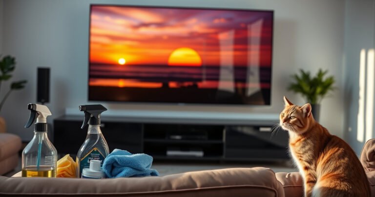 A sleek modern living room with a large, flat-screen TV reflecting a vibrant sunset, surrounded by cleaning supplies like microfiber cloths and a spray bottle labeled 'window cleaner.' Light streams through the window, casting warm hues, while a curious cat watches, adding a playful touch to the scene.