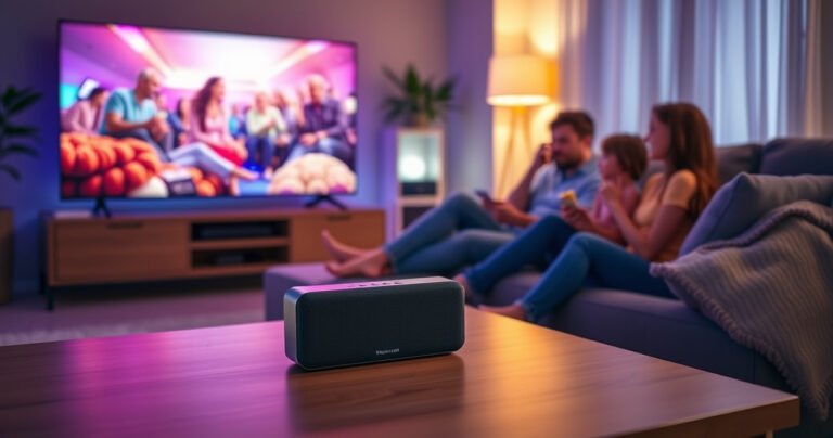 A cozy living room scene with a sleek Bluetooth speaker on a coffee table, a modern TV glowing with vibrant colors, and a family enjoying a movie night, surrounded by plush cushions and snacks. Warm lighting enhances the inviting atmosphere, showcasing the connection between technology and togetherness.