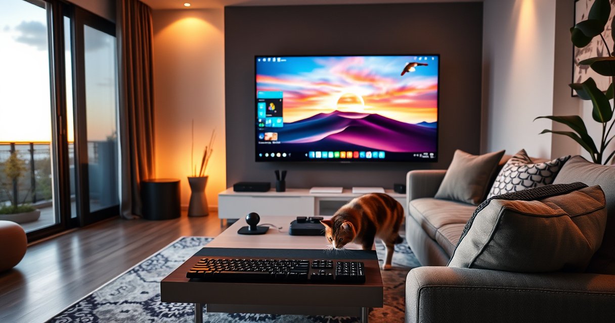 A sleek, modern living room featuring a large smart TV displaying a vibrant computer desktop, with a cozy couch and a stylish coffee table adorned with tech gadgets. Soft ambient lighting highlights the room, while a curious cat investigates a wireless keyboard. A window reveals a sunset sky, blending technology with comfort.